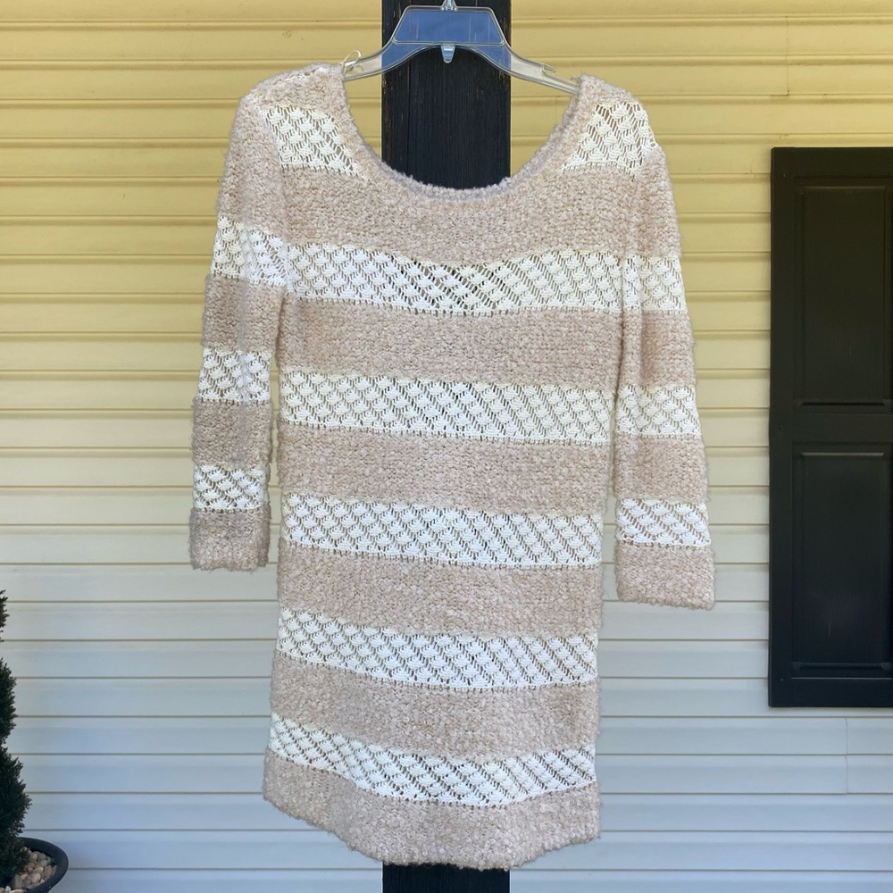 Urban Outfitters neutral striped crochet and chenille tunic sweater. Size S